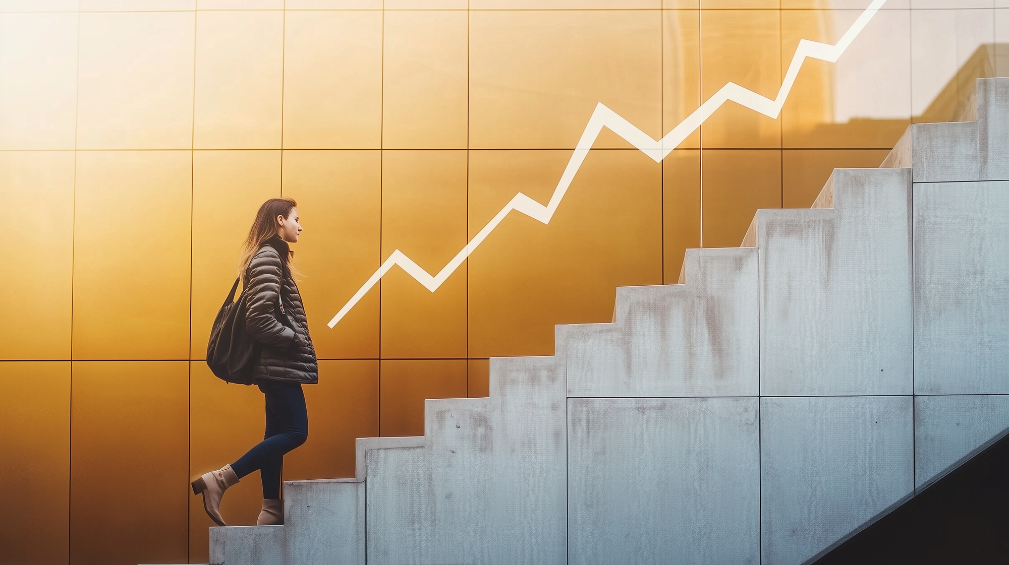 Woman walking upstairs, with a graph pointing up at an increasing pace.