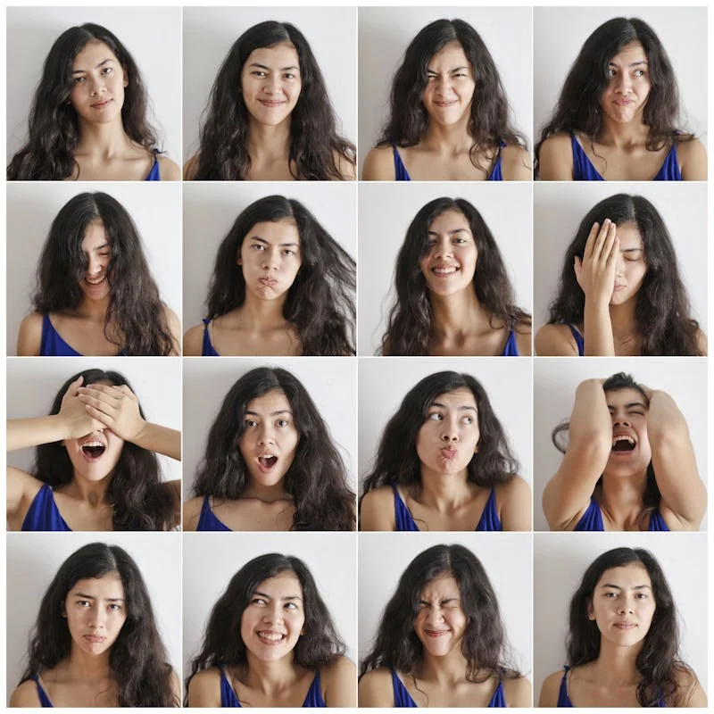 Woman showing several different facial expressions, conveying different emotions.